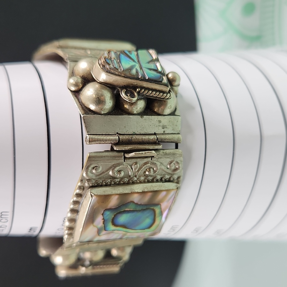 Vintage Taxco Mexico Sterling Panel Bracelet Abalone Mother of Pearl MOP - Picture 6 of 12